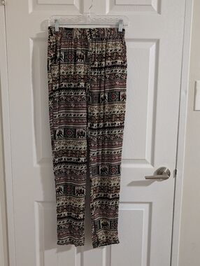Zig & Mez Elephant Floral Print Boho Harem Pants - Black/Multi Smocked Waist M/L
